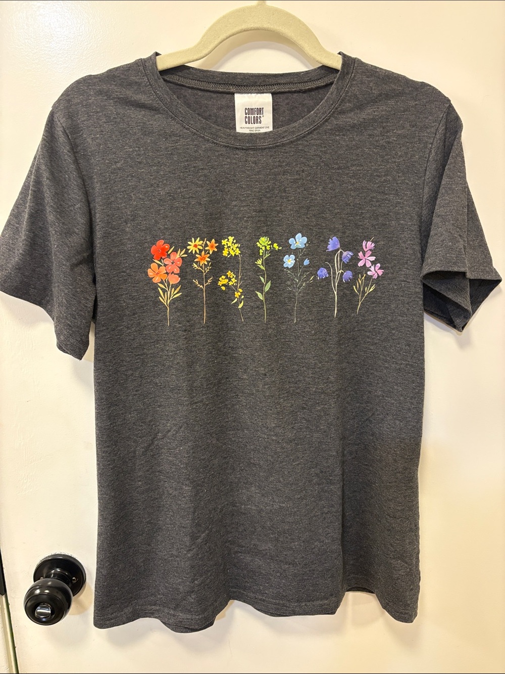 Comfort Colors Charcoal Tee with Rainbow Floral Row